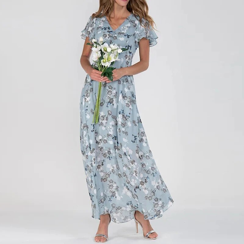 Abito lungo romantico con effetto chiffon floreale e scollo a V – Abito estivo arioso per matrimoni, feste in giardino e uso quotidiano