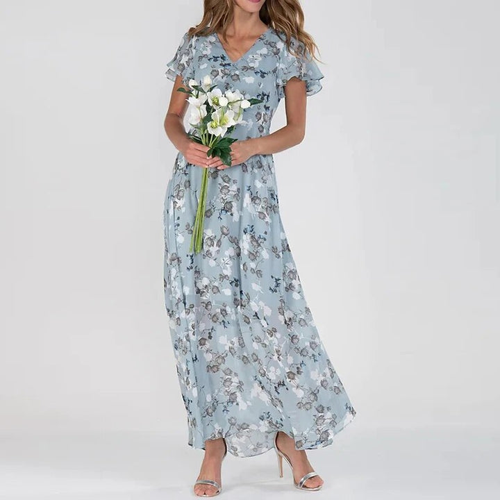 Abito lungo romantico con effetto chiffon floreale e scollo a V – Abito estivo arioso per matrimoni, feste in giardino e uso quotidiano