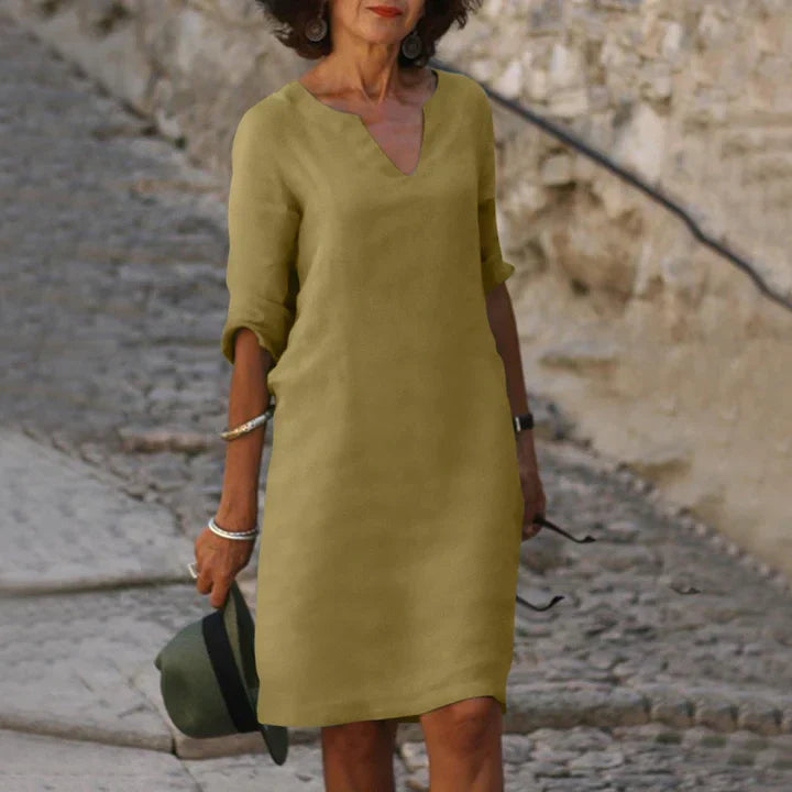 Leichtes Damen Sommerkleid mit V-Ausschnitt – Lockeres Midikleid mit 3/4 Ärmeln für Urlaub, Alltag & Reisen