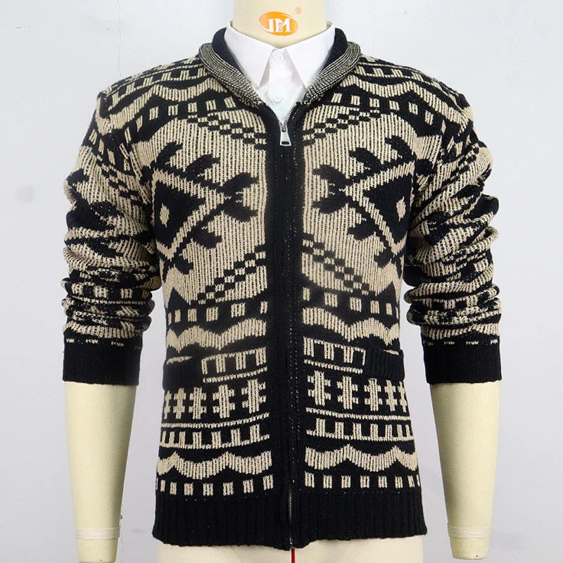 Gilet en tricot pour homme avec motif ethnique – Cardigan chaud avec fermeture éclair et design rétro