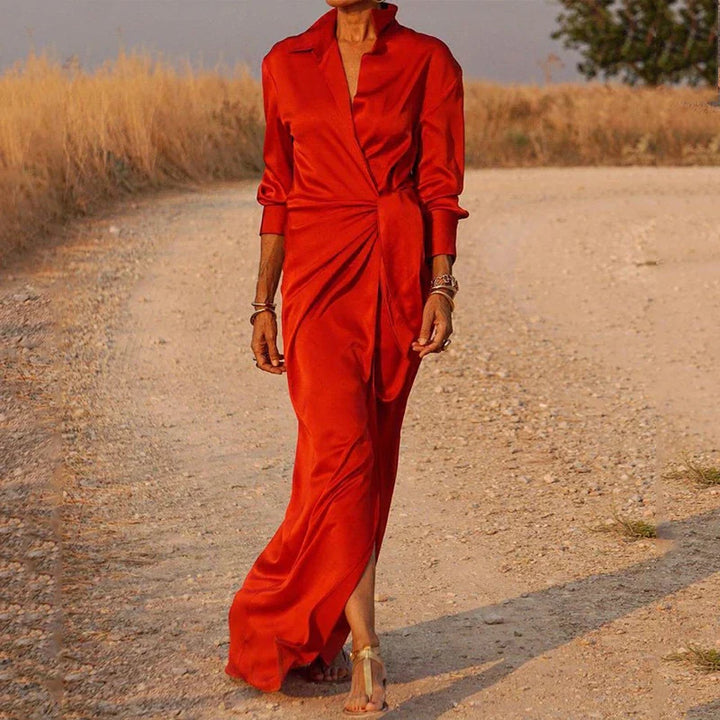 Elegante abito avvolgente da donna – Abito lungo in satin con colletto e spacco, ideale per sera, eventi e estate