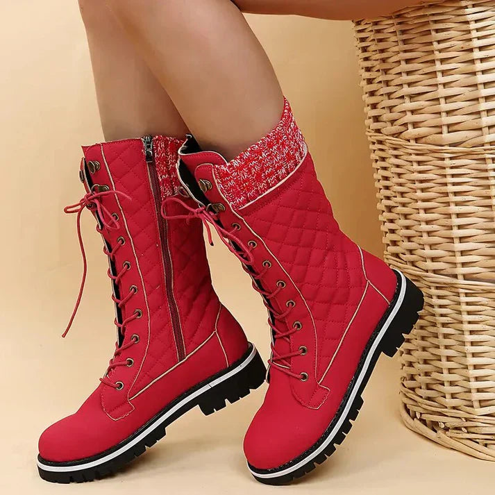 Bottes d'hiver doublées pour femmes avec lacets et fermeture éclair – Bottines chaudes avec bord en tricot et semelle profilée