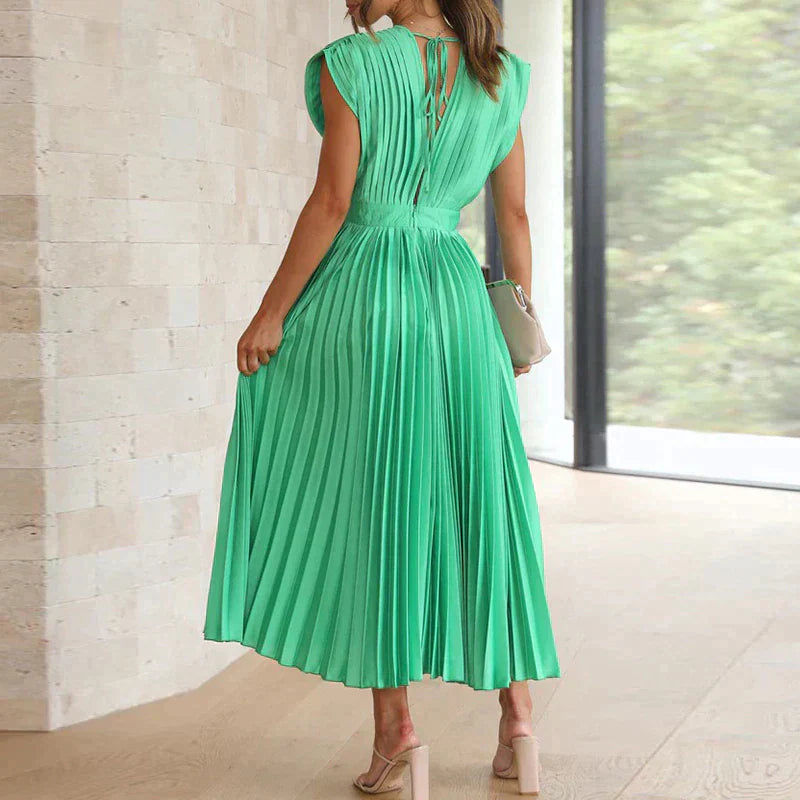 Abito midi plissettato con scollo a V profondo e maniche a volant – Look elegante per matrimonio, festa e estate