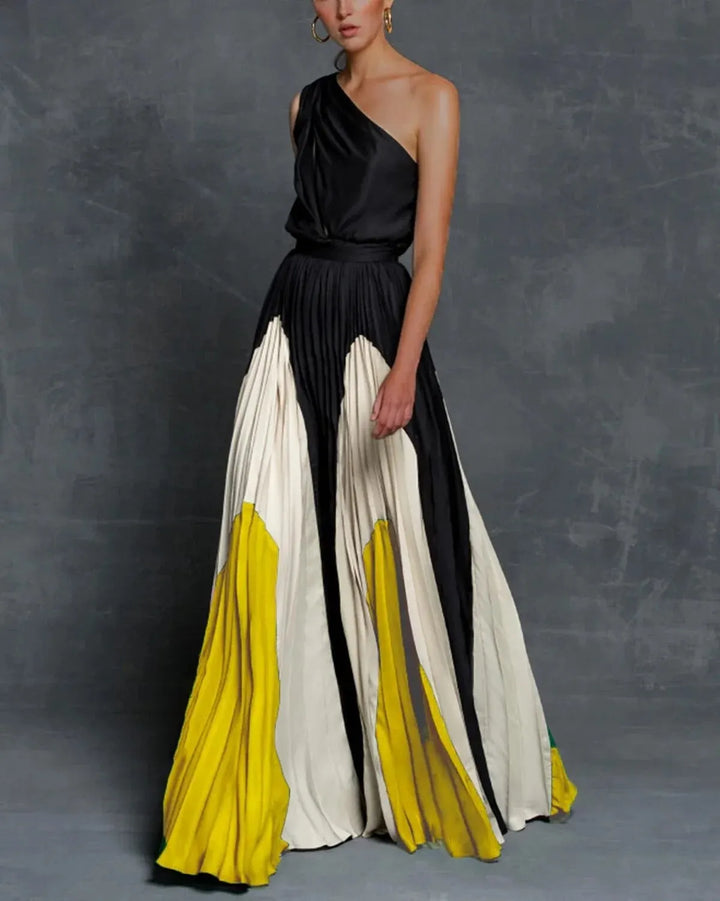 Elegante abito da sera per donna – Abito lungo asimmetrico con gonna plissettata e design monospalla