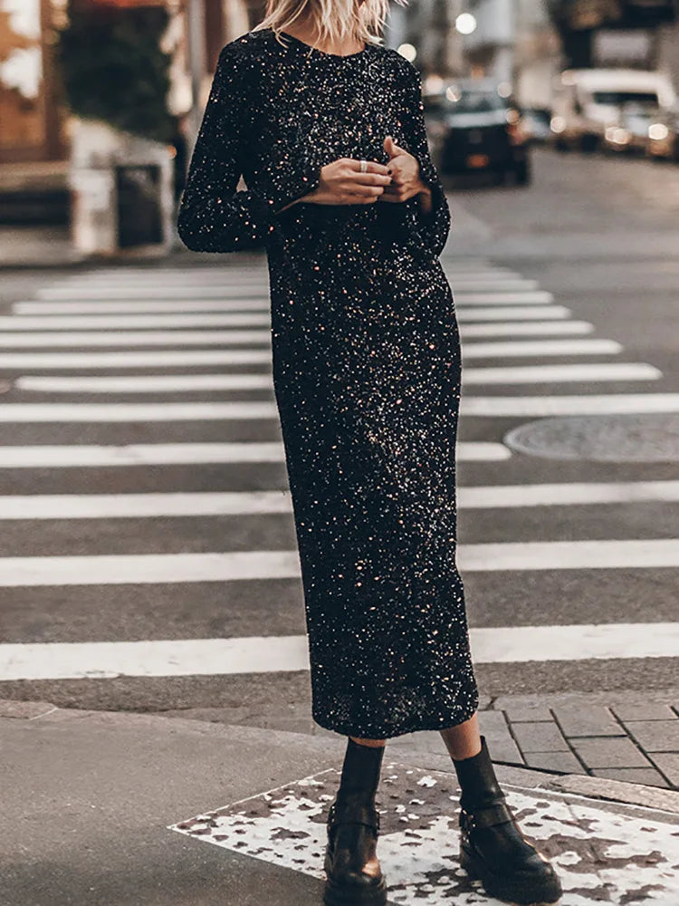Roselynn - Robe midi à paillettes avec dos ouvert
