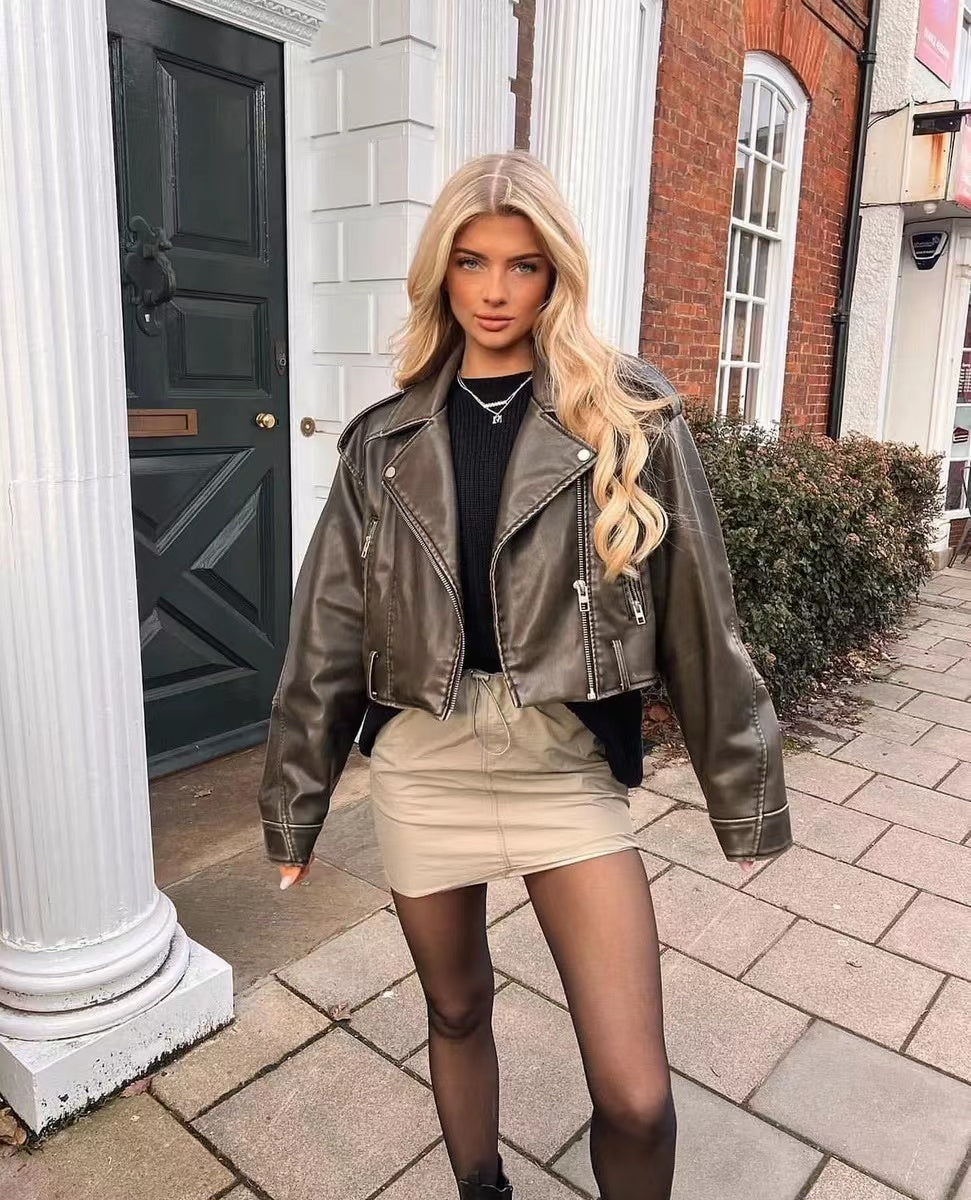 Elegante Lederjacke Mit Reißverschlusstasche Und Gürtel Für Damen | Ideal Für Alle Jahreszeiten