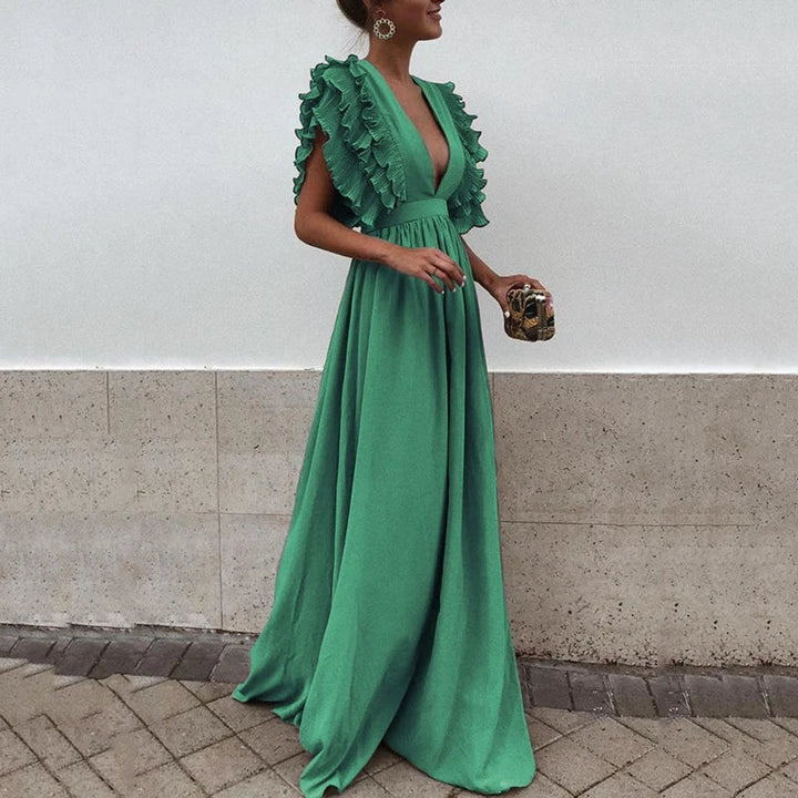 Elegante vestito lungo da donna con maniche a volant e scollo a V profondo – abito estivo lungo fino a terra per sera e matrimonio