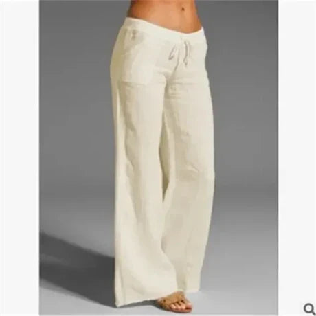 Pantalon en lin pour femmes à jambes larges – Pantalon d'été aéré avec cordon de serrage pour la plage, les vacances et le quotidien