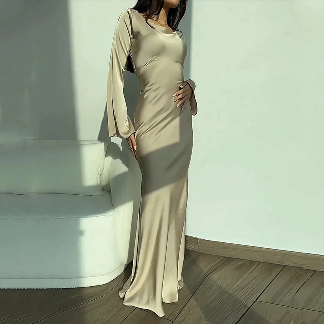 Elegante vestito in raso per donna – abito lungo aderente con maniche lunghe, look perfetto per sera & eventi