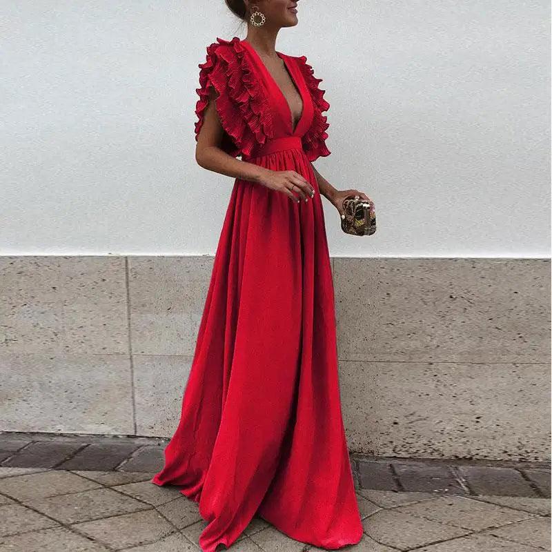 Elegante vestito lungo da donna con maniche a volant e scollo a V profondo – abito estivo lungo fino a terra per sera e matrimonio