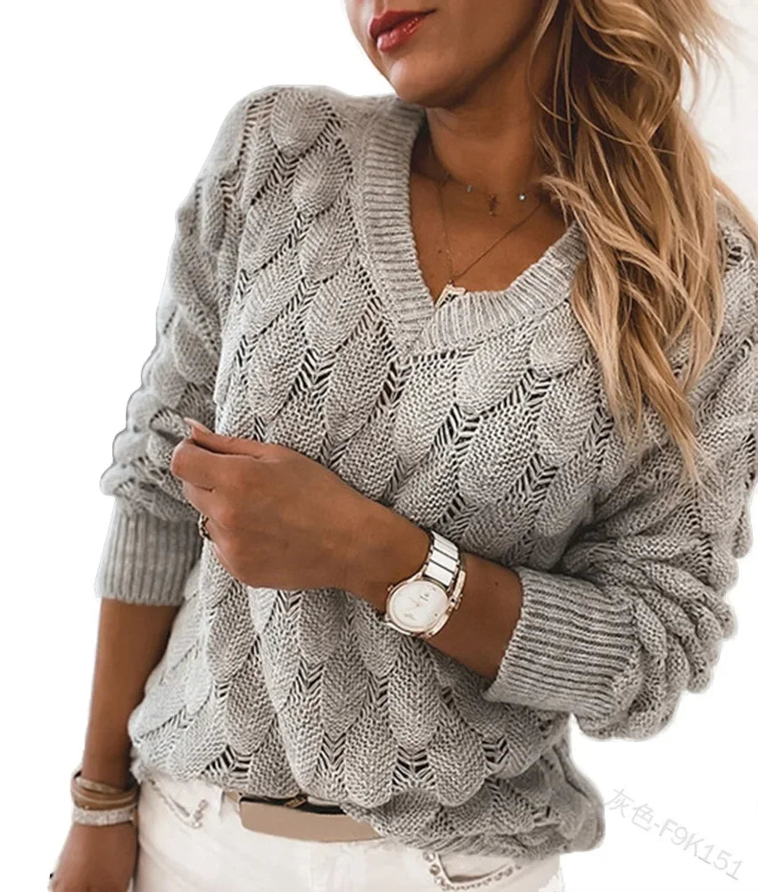 Damen Strickpullover im Zopfmuster – Bequemer V-Ausschnitt Pullover mit Langarm