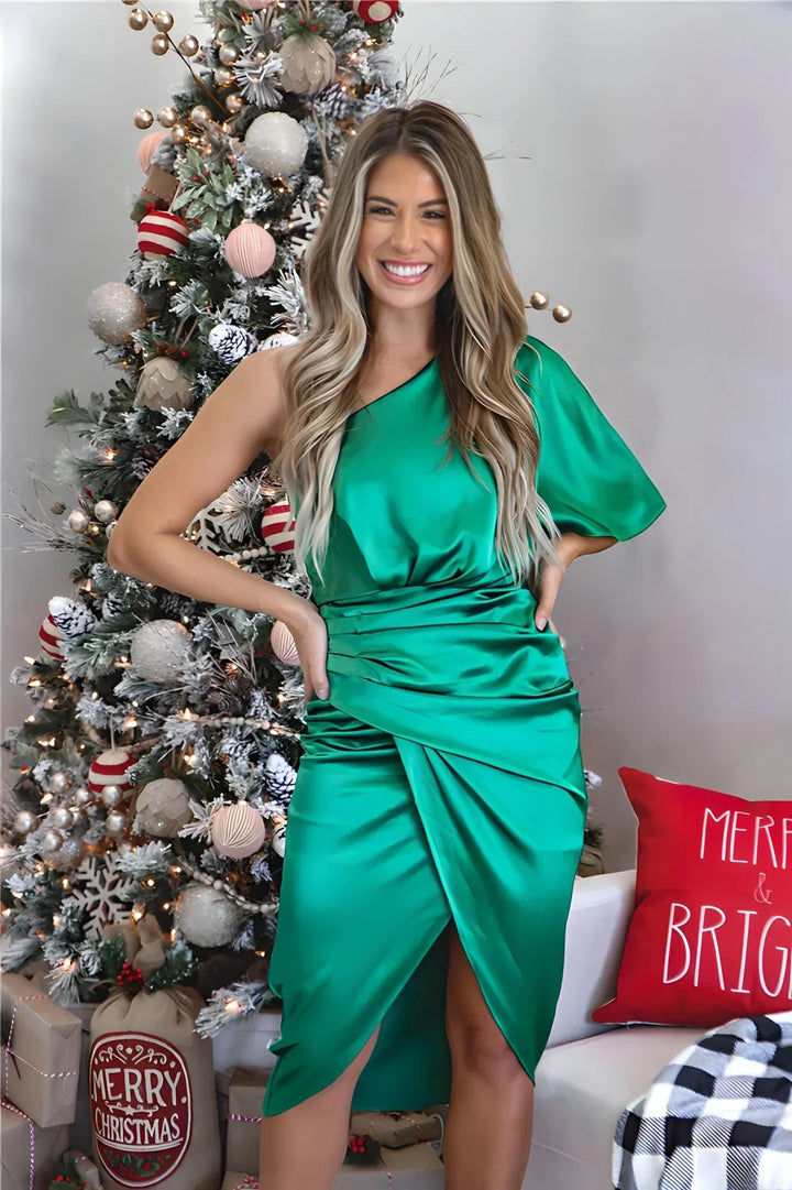 Abito asimmetrico in satin con spacco – elegante abito da cocktail monospalla da donna