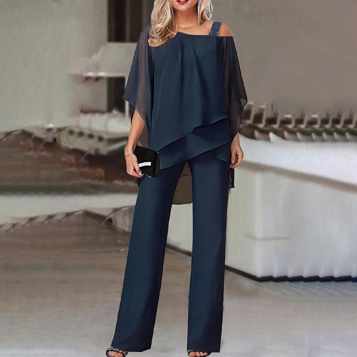 Set da donna 2 pezzi – Top asimmetrico con look spalle scoperte & pantaloni larghi – Outfit elegante per eventi & serate estive