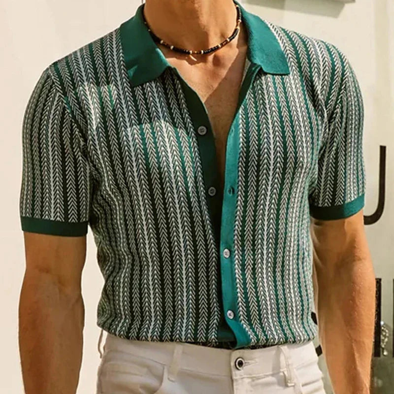 Chemise d'été homme avec motif rétro & patte de boutonnage – chemise décontractée manches courtes avec col