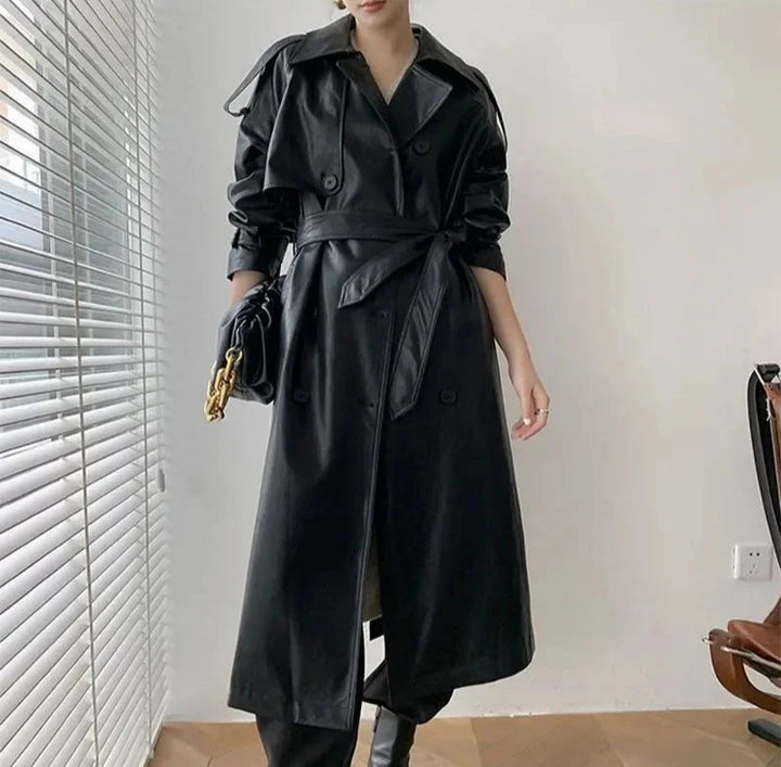 Eleganter Langer Ledermantel Mit Gürtel Für Damen | Perfekt für Alltägliche Anlässe