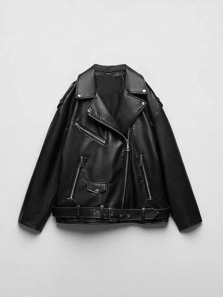 Amira - Black biker jacket made of faux leather
