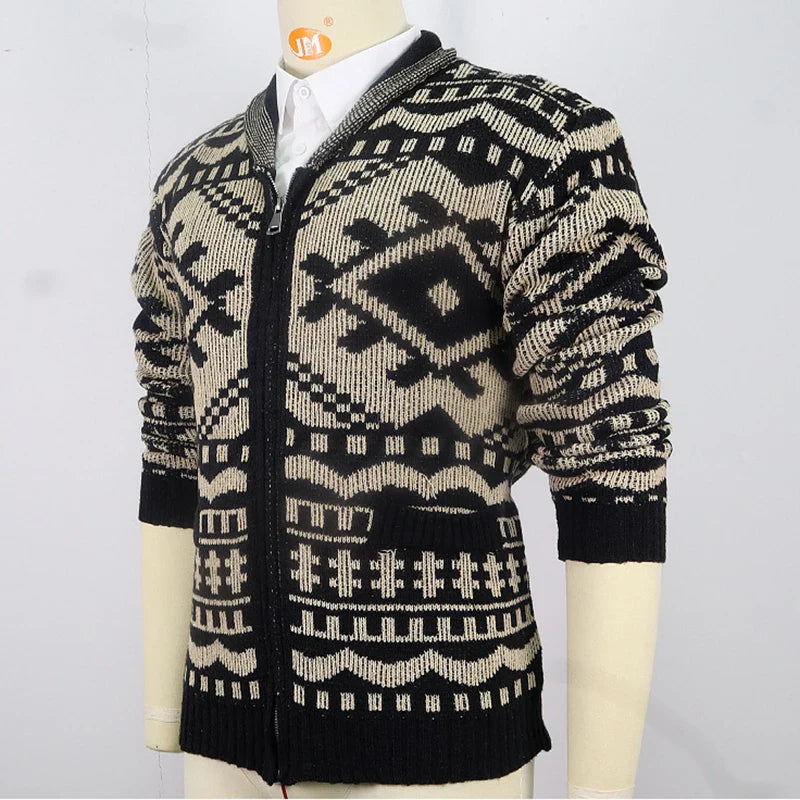 Gilet en tricot pour homme avec motif ethnique – Cardigan chaud avec fermeture éclair et design rétro