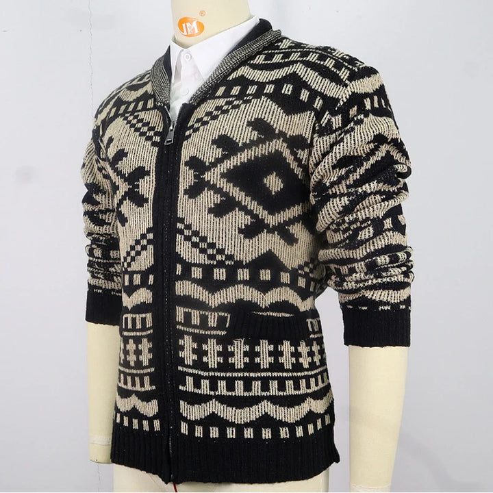 Gilet en tricot pour homme avec motif ethnique – Cardigan chaud avec fermeture éclair et design rétro