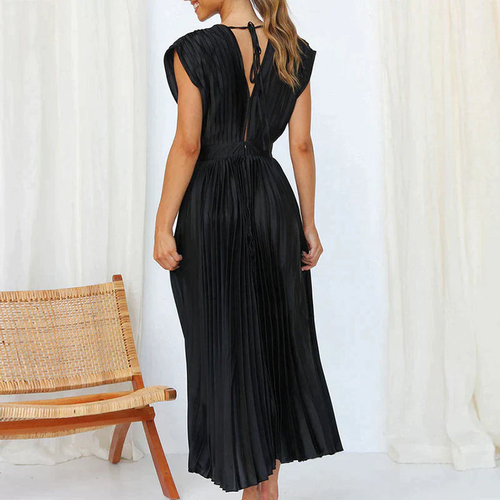 Abito midi plissettato con scollo a V profondo e maniche a volant – Look elegante per matrimonio, festa e estate