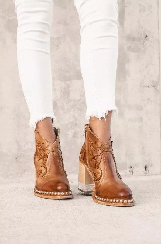 Stylische Vegane Leder-Stiefeletten mit Print und Hohem Absatz für Damen | Ideal für Herbst/Winter