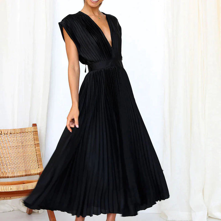 Abito midi plissettato con scollo a V profondo e maniche a volant – Look elegante per matrimonio, festa e estate