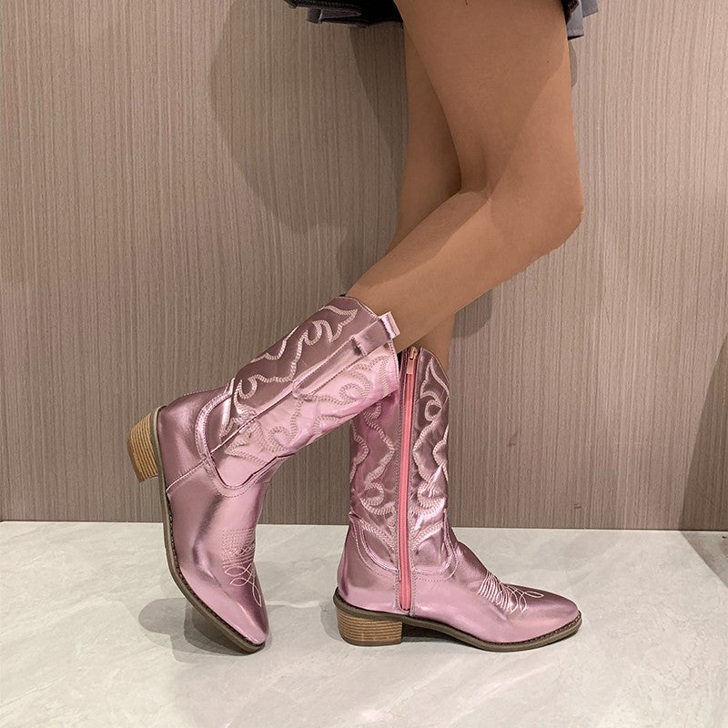 Bottes de cow-boy pour femmes avec broderie western et talon bloc – Bottes mi-mollet brillantes pour festival, rue et quotidien