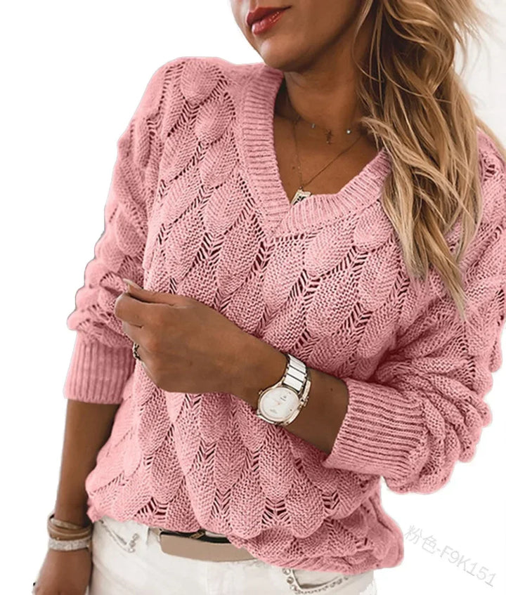 Damen Strickpullover im Zopfmuster – Bequemer V-Ausschnitt Pullover mit Langarm