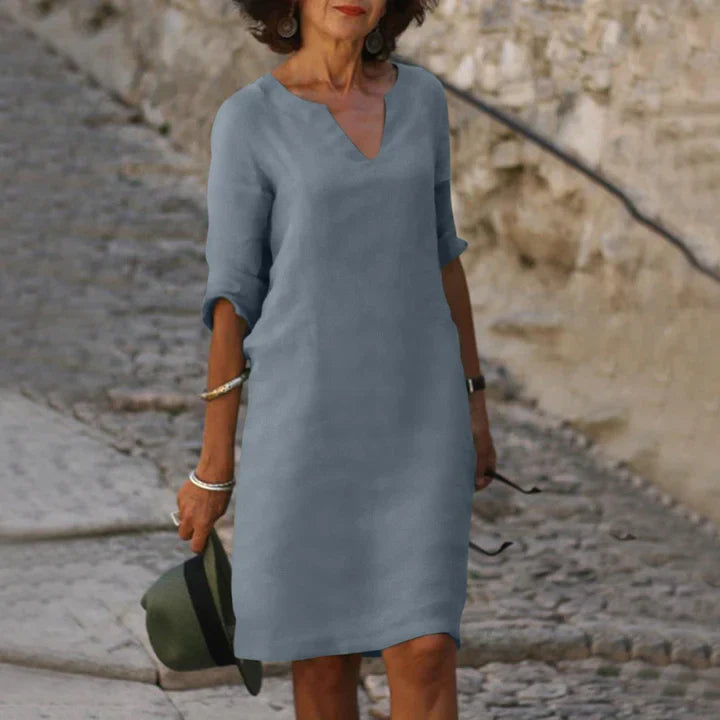 Leichtes Damen Sommerkleid mit V-Ausschnitt – Lockeres Midikleid mit 3/4 Ärmeln für Urlaub, Alltag & Reisen
