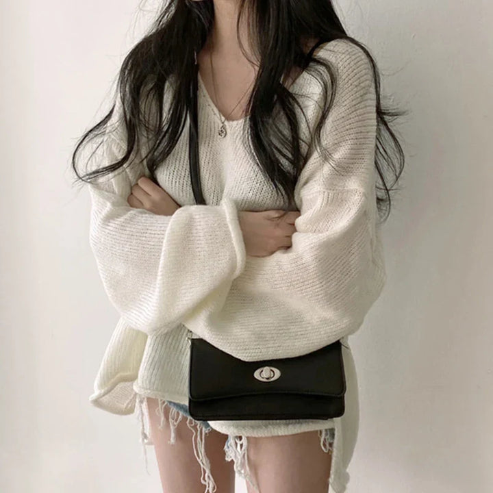 Oversized Damen Strickpullover – Lockerer V-Ausschnitt Sweater im Casual Look