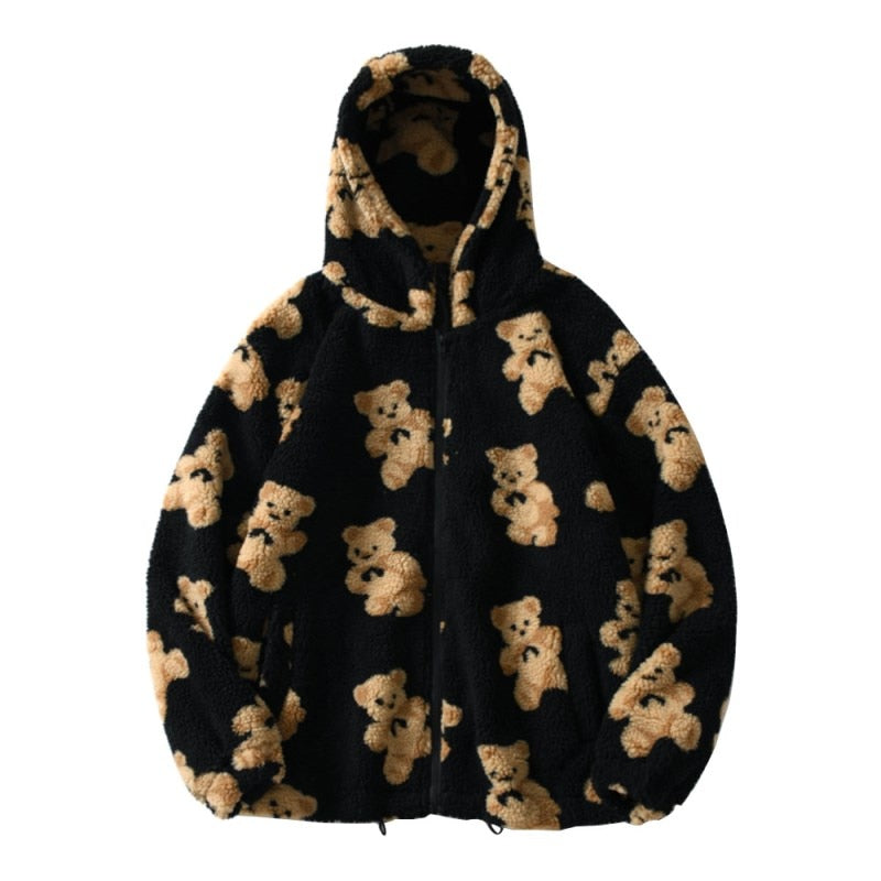 Veste en peluche Harajuku ours Teddy imprimé avec capuche duveteuse vêtement d'extérieur