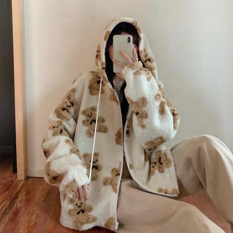 Veste en peluche Harajuku ours Teddy imprimé avec capuche duveteuse vêtement d'extérieur