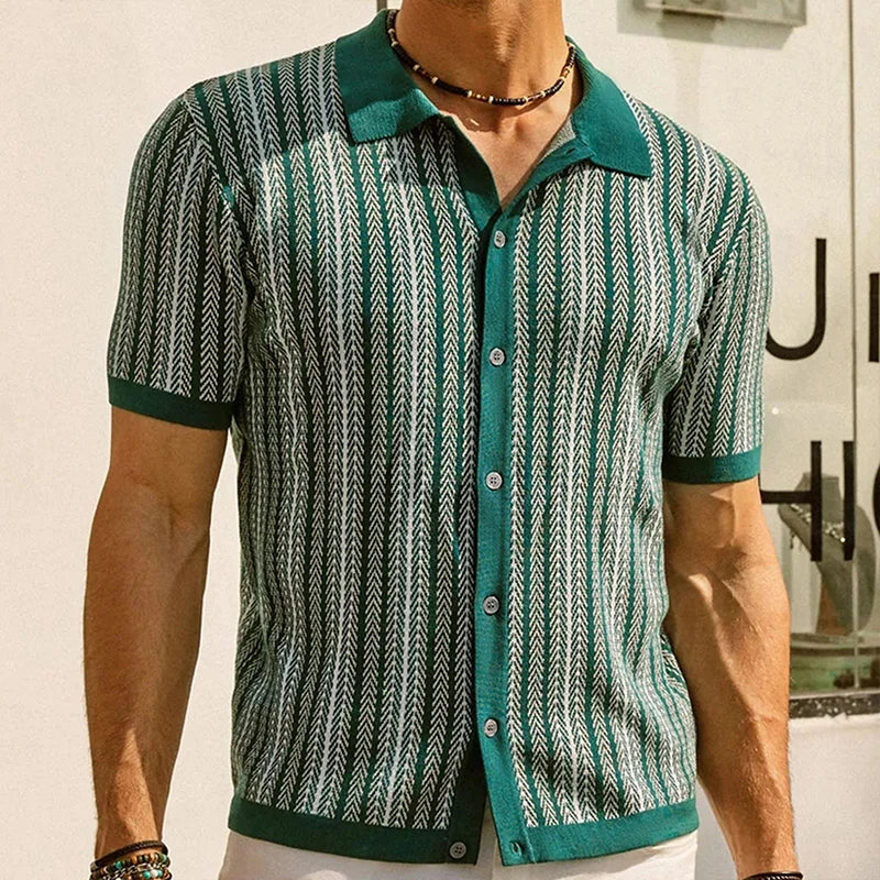 Chemise d'été homme avec motif rétro & patte de boutonnage – chemise décontractée manches courtes avec col