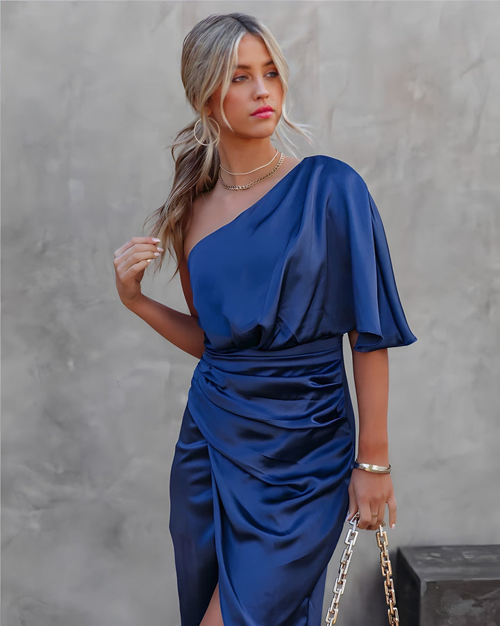 Abito midi in raso da donna – Abito da cocktail monospalla con drappeggio e spacco – Elegante per sera ed eventi