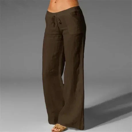 Pantalon en lin pour femmes à jambes larges – Pantalon d'été aéré avec cordon de serrage pour la plage, les vacances et le quotidien