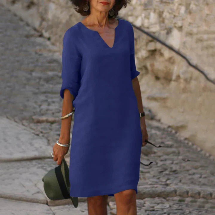 Leichtes Damen Sommerkleid mit V-Ausschnitt – Lockeres Midikleid mit 3/4 Ärmeln für Urlaub, Alltag & Reisen