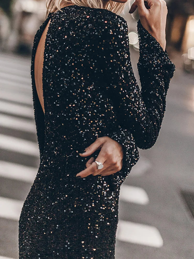 Roselynn - Robe midi à paillettes avec dos ouvert