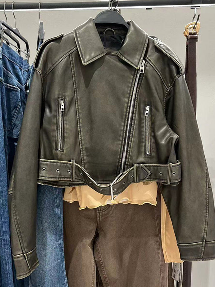 Elegante Lederjacke Mit Reißverschlusstasche Und Gürtel Für Damen | Ideal Für Alle Jahreszeiten