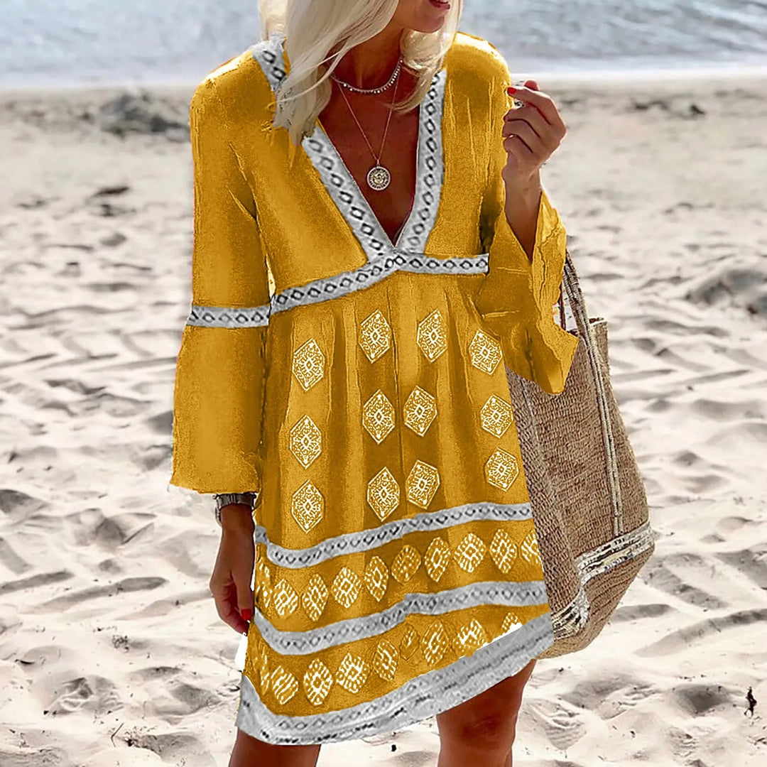 Abito da spiaggia boho da donna – abito tunica ampio con motivo etnico e scollo a V