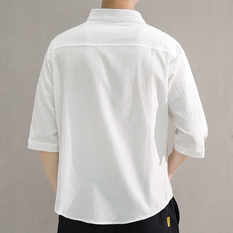 Camicia estiva in lino con colletto alla coreana stile Old Money per uomo