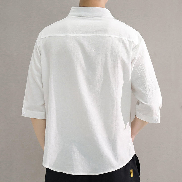 Camicia estiva in lino con colletto alla coreana stile Old Money per uomo
