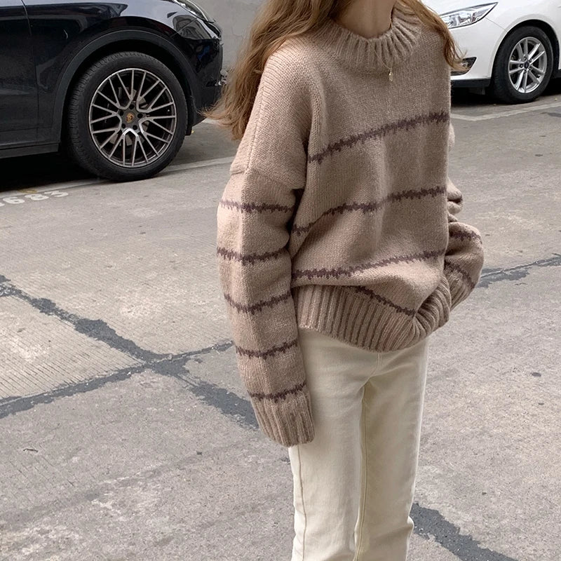 Pull-over en maille oversize pour femmes – Pull confortable à col rond avec motif à rayures