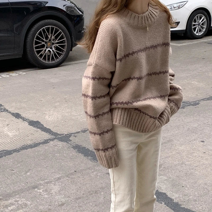 Pull-over en maille oversize pour femmes – Pull confortable à col rond avec motif à rayures
