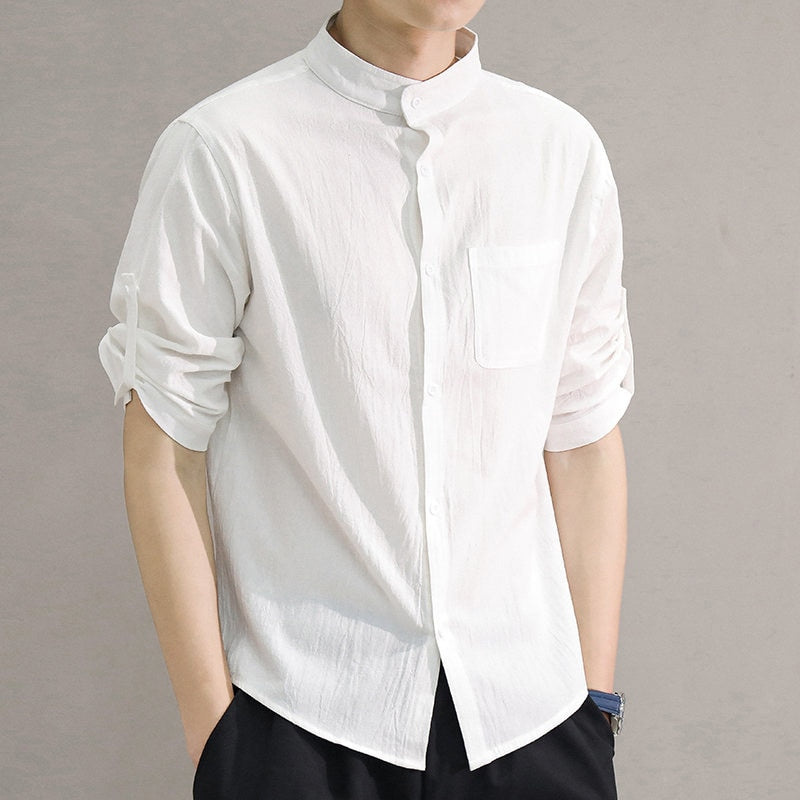 Camicia estiva in lino con colletto alla coreana stile Old Money per uomo