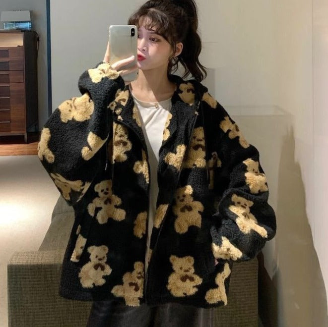 Veste en peluche Harajuku ours Teddy imprimé avec capuche duveteuse vêtement d'extérieur