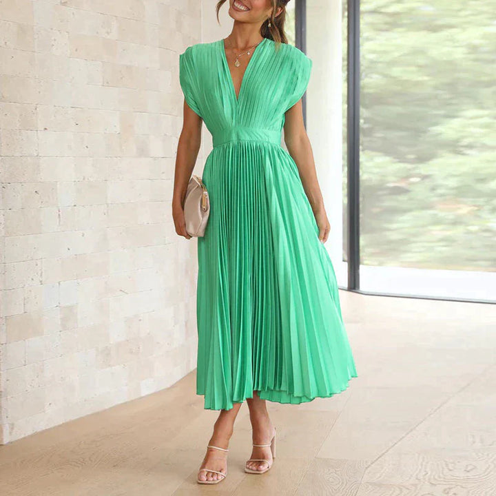 Abito midi plissettato con scollo a V profondo e maniche a volant – Look elegante per matrimonio, festa e estate