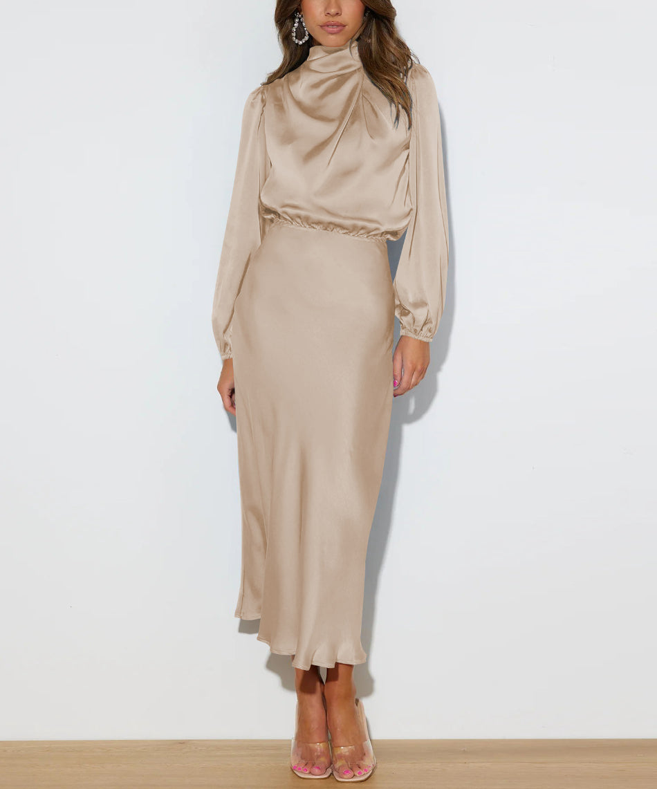 Elegante abito midi in satin con collo alto – abito da festa con maniche lunghe