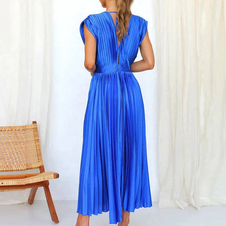 Abito midi plissettato con scollo a V profondo e maniche a volant – Look elegante per matrimonio, festa e estate