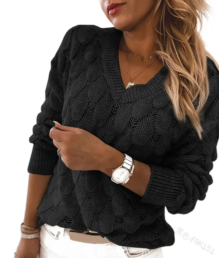 Damen Strickpullover im Zopfmuster – Bequemer V-Ausschnitt Pullover mit Langarm