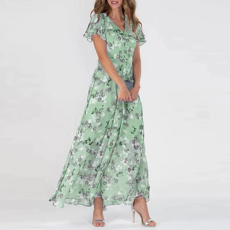Abito lungo romantico con effetto chiffon floreale e scollo a V – Abito estivo arioso per matrimoni, feste in giardino e uso quotidiano