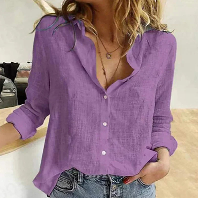 Lässige Damen Leinenbluse – lockeres Oversize-Hemd mit Knopfleiste & Kragen für Sommer & Alltag